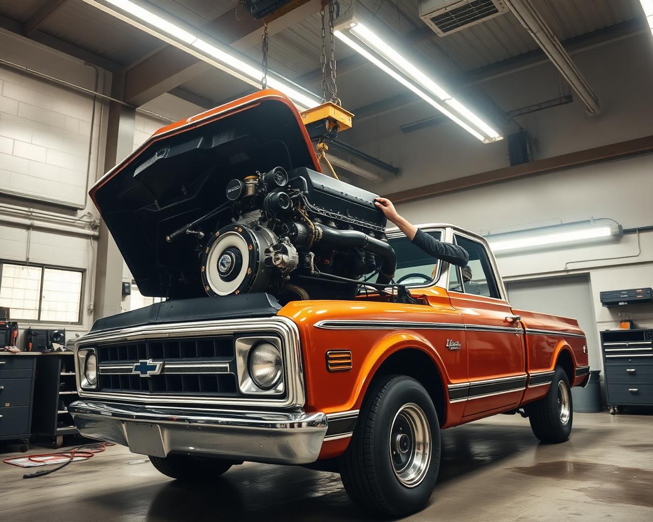 LS V8 engine being lowered into a 1972 Chevrolet C10 truck