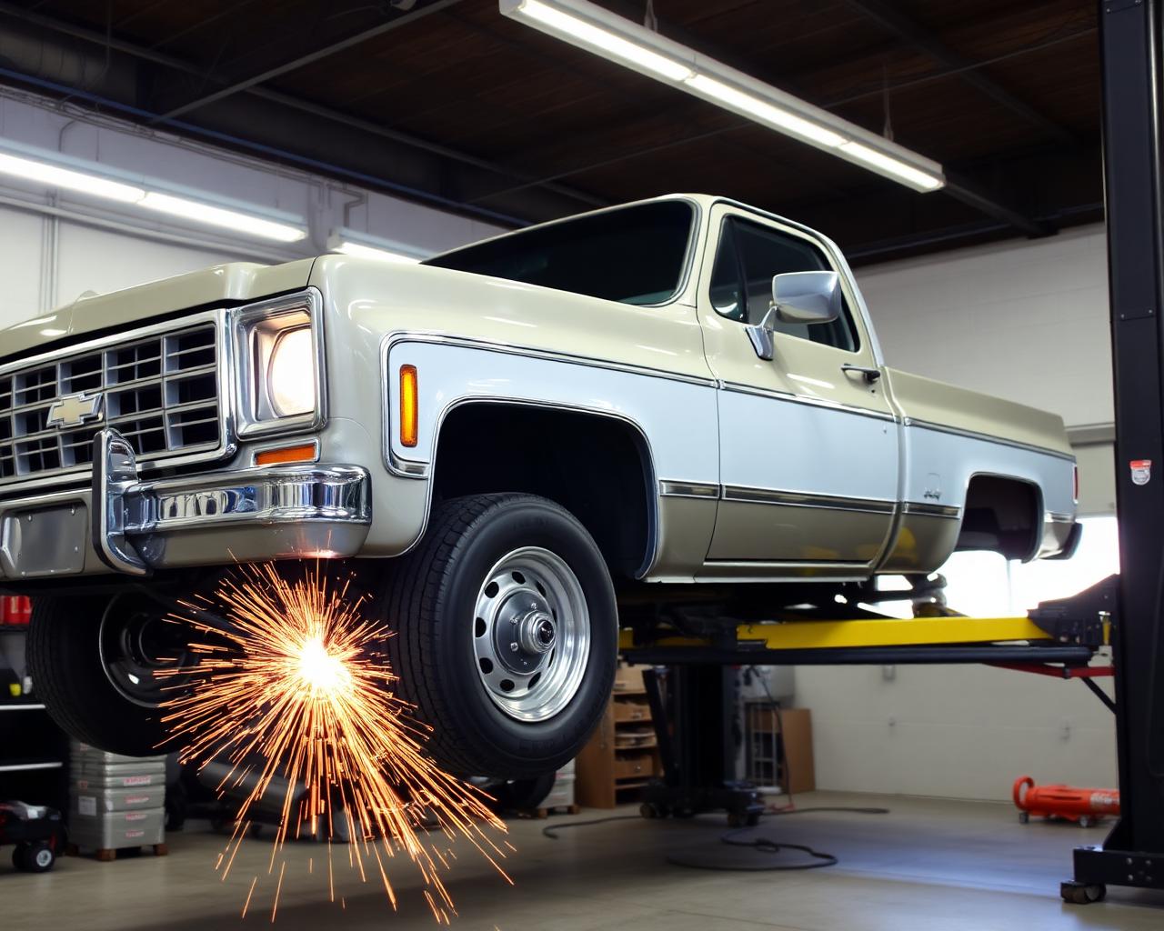 Square body C20 truck on a lift with custom exhaust being welded