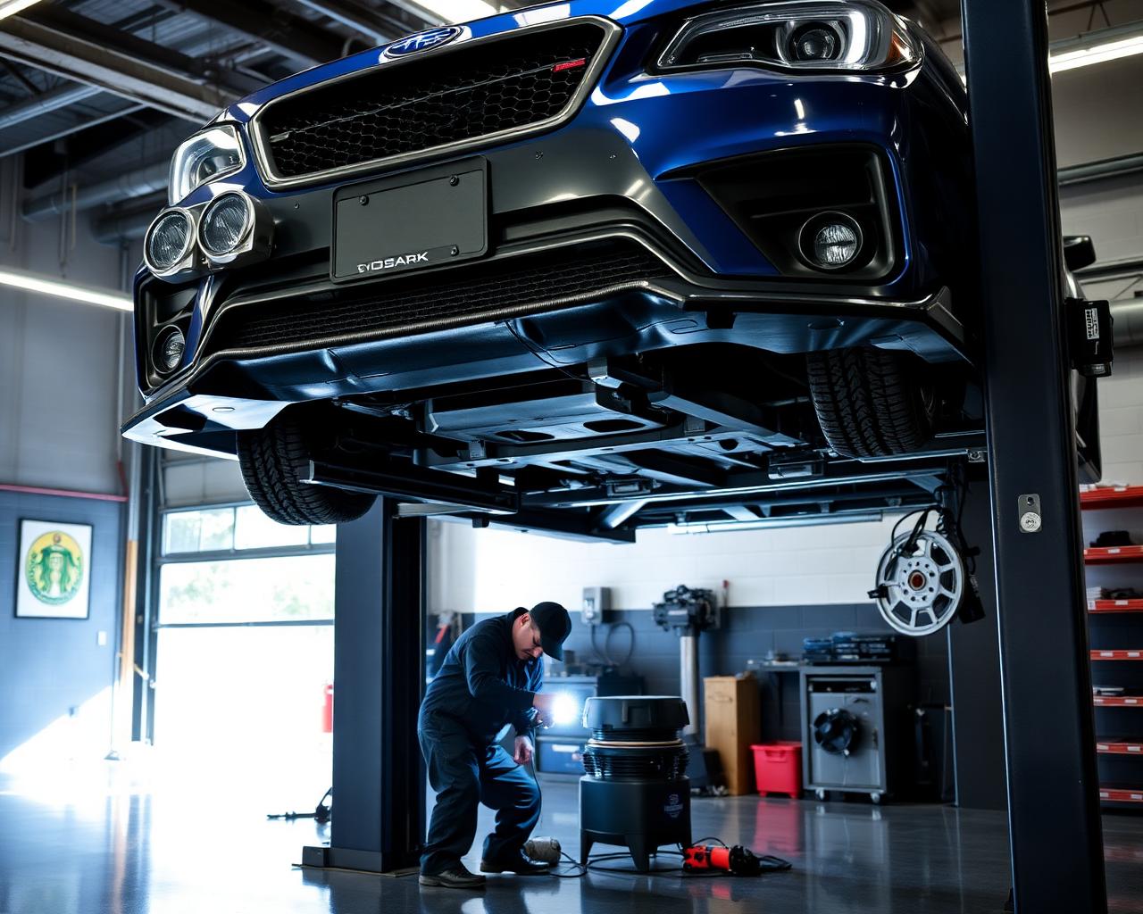 Subaru on a two-post lift with the timing cover off